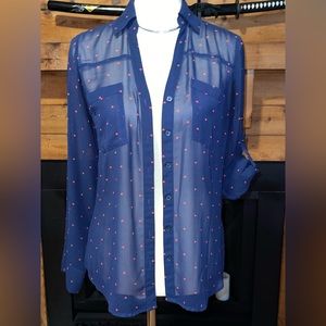 EXPRESS Portofino Shirt Navy Barbie Pink Hearts Y2K see-through style